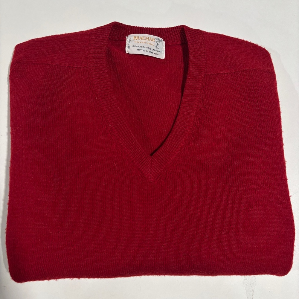 Vtg BRAEMAR Sweater Men’s L 100% Lambswool Red V-neck Long Sleeve Dad Grandpa